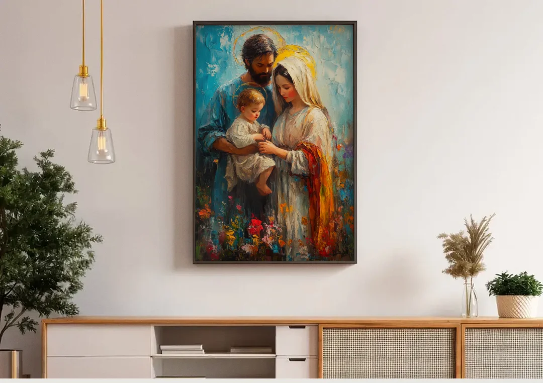 The Holy Family Christian Abstract canvas wall art above a wooden sideboard under pendant lights