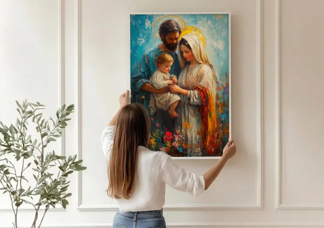 The Holy Family Christian Abstract canvas wall art being hung on a paneled wall