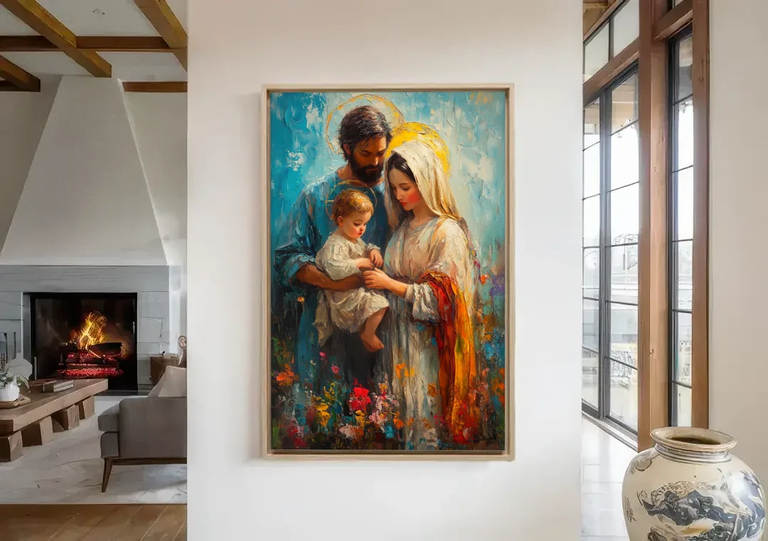 The Holy Family Christian Abstract canvas wall art in a living room with a fireplace