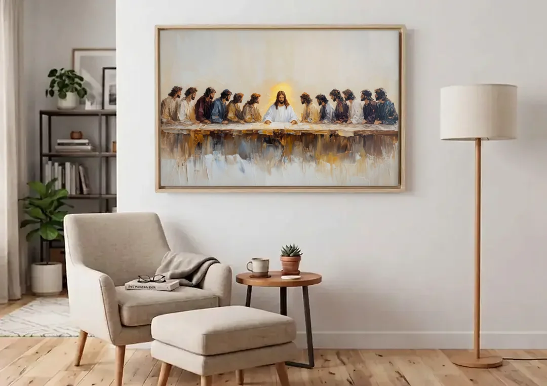The Last Supper Modern Christian canvas wall art above an armchair in a bright living room