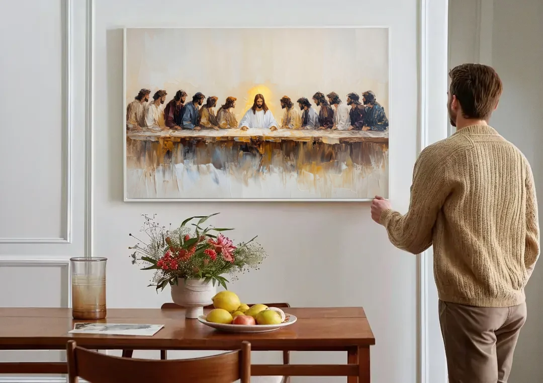 The Last Supper Modern Christian canvas wall art above a dining table