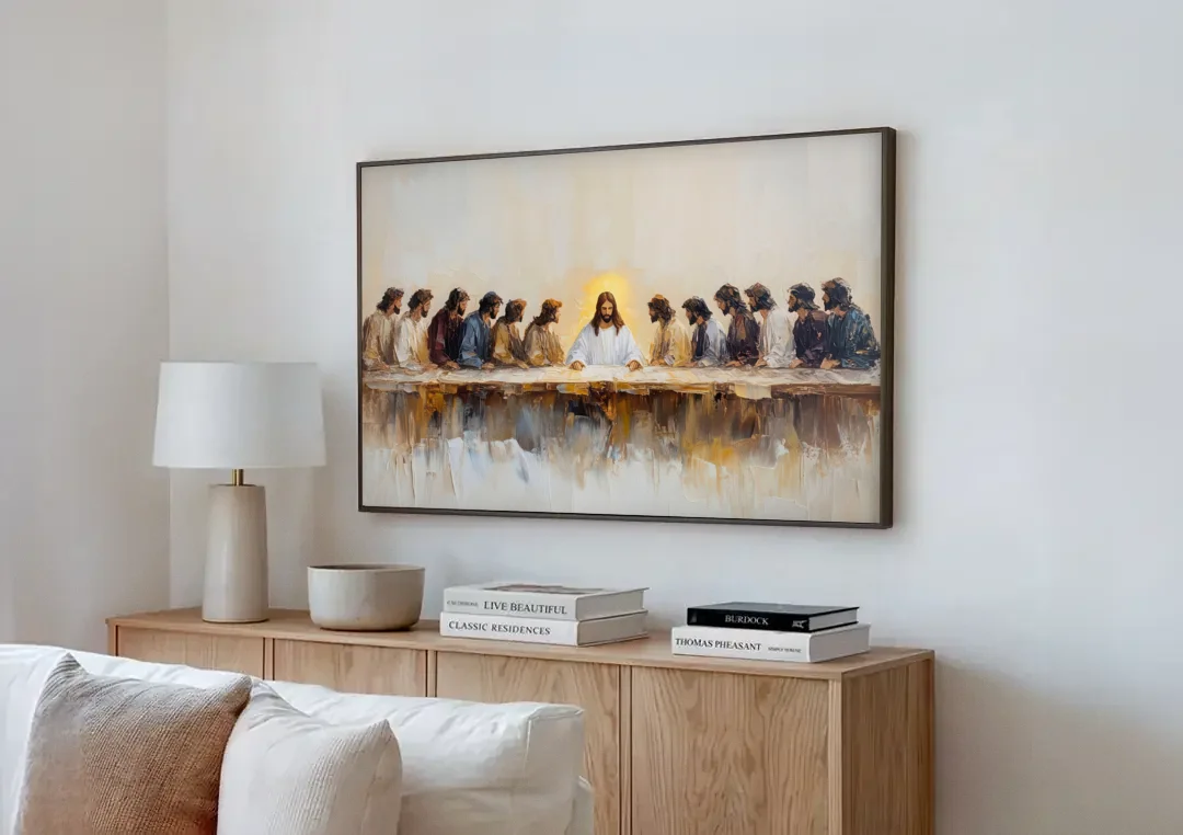 The Last Supper Modern Christian canvas wall art above a wooden sideboard next to a sofa