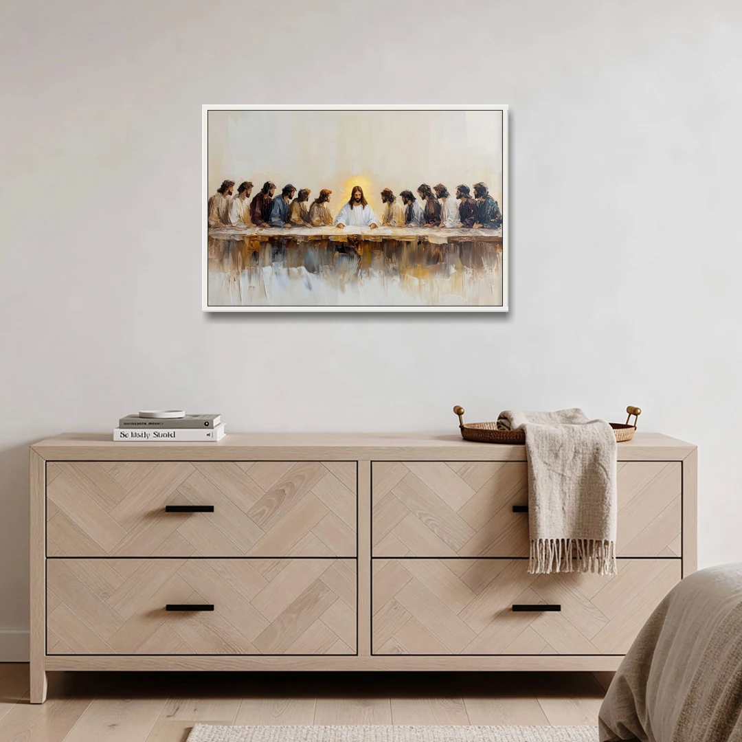 The Last Supper Modern Christian - White Framed Canvas Wall Art - Coffee Table - 36x24