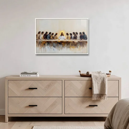 The Last Supper Modern Christian - White Framed Canvas Wall Art - Coffee Table - 36x24