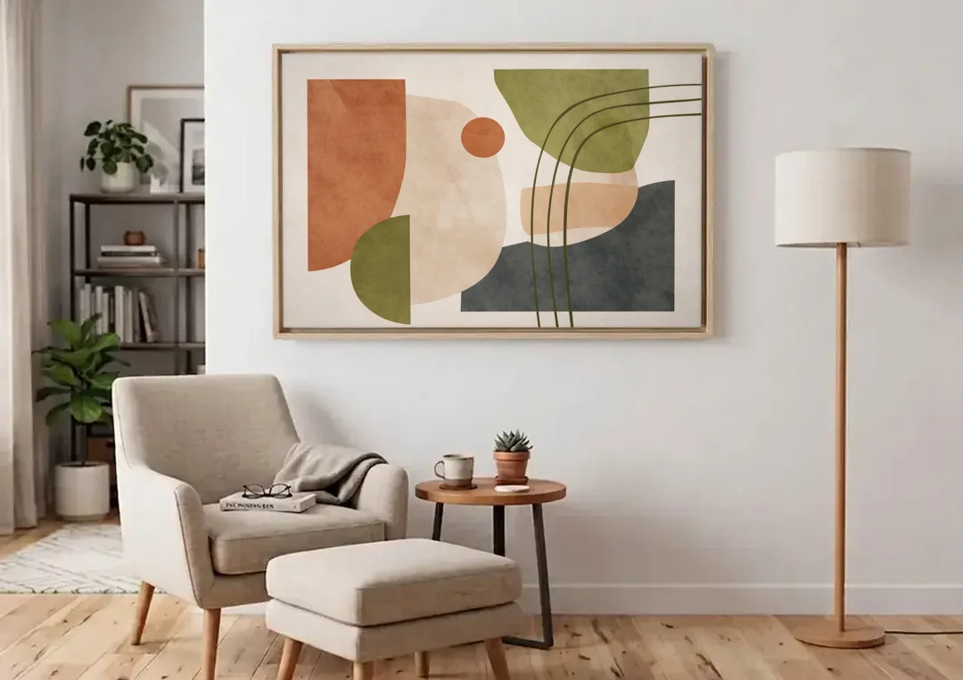 The Modern Composition canvas wall art above an armchair in a bright living room