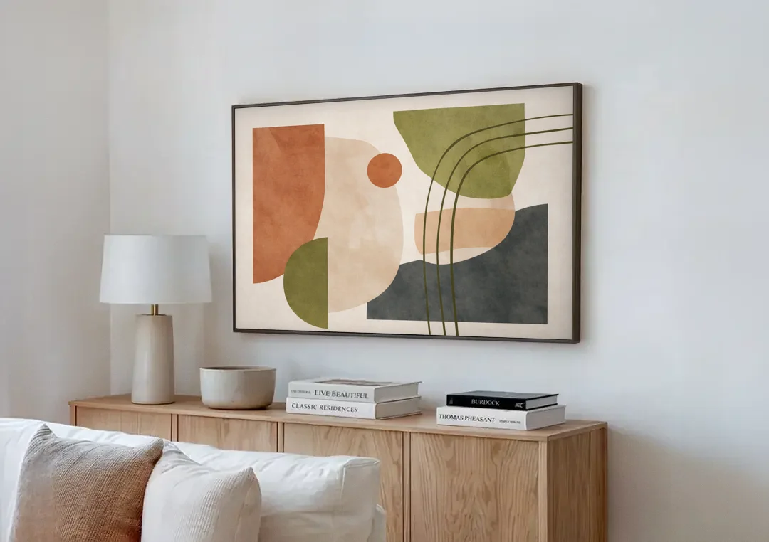 The Modern Composition canvas wall art above a wooden sideboard next to a sofa
