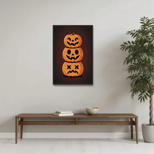 The Three Pumpkins - Black Framed Canvas Wall Art - Coffee Table - 24x36