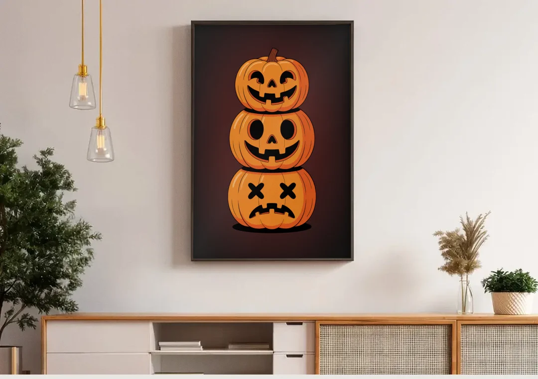The Three Pumpkins canvas wall art above a wooden sideboard under pendant lights