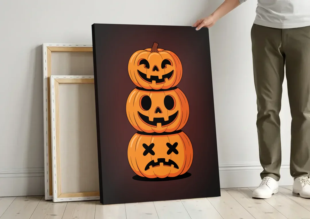 The Three Pumpkins canvas wall art leaning against a wall next to blank canvases
