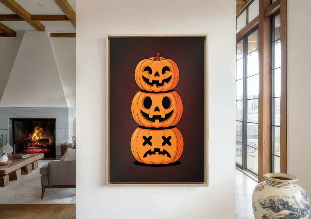 The Three Pumpkins canvas wall art in a living room with a fireplace