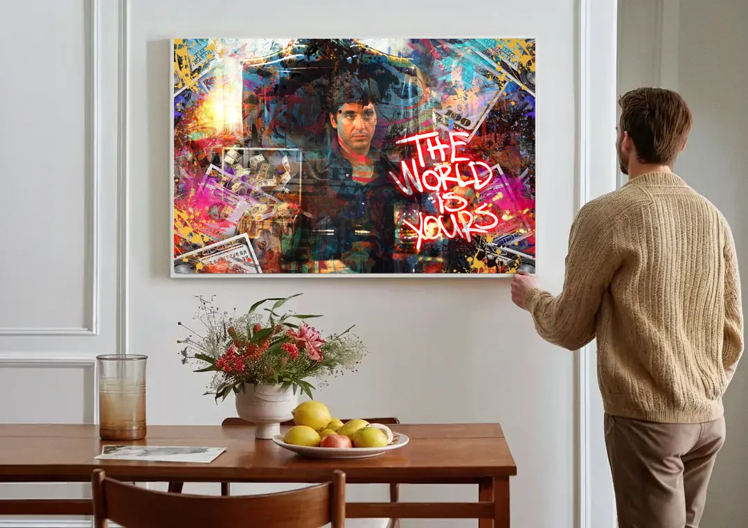 The World is Yours canvas wall art above a dining table