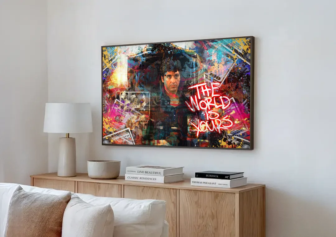 The World is Yours canvas wall art above a wooden sideboard next to a sofa