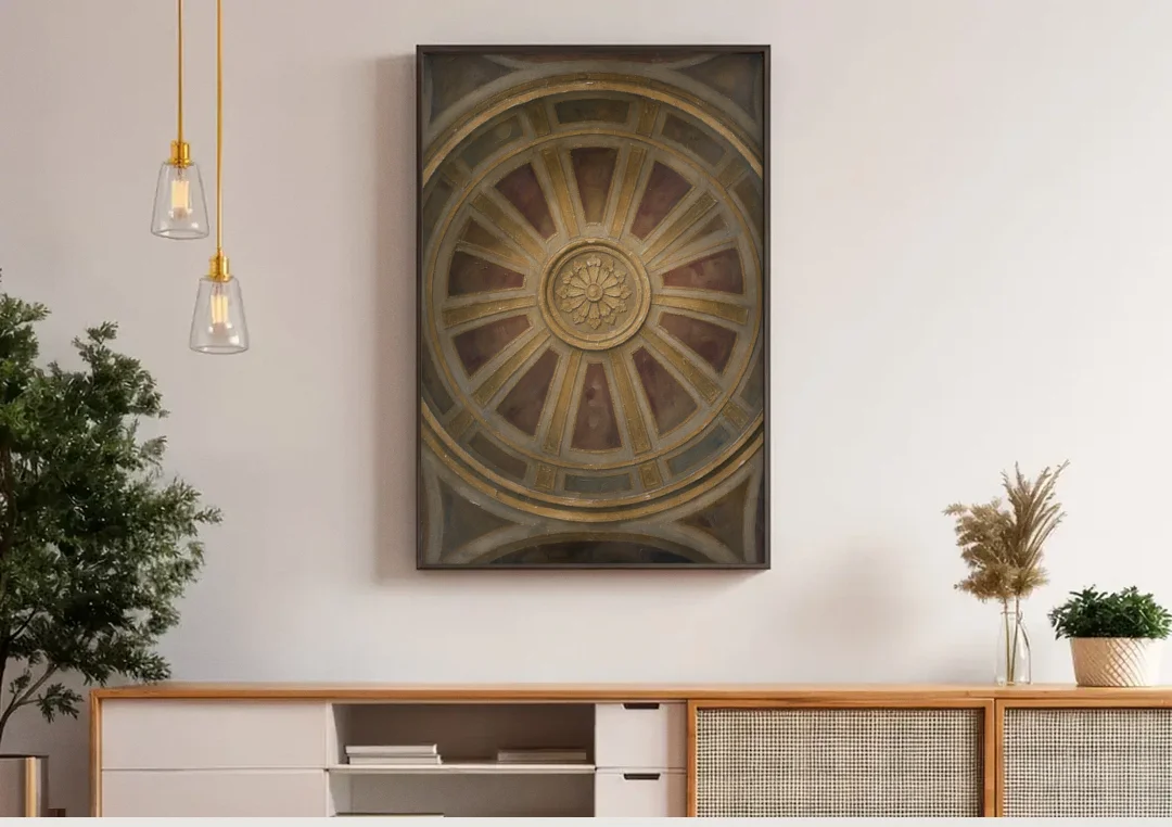 Theater Room Wall Decor with Gilded Dome Rosette canvas wall art above a wooden sideboard under pendant lights