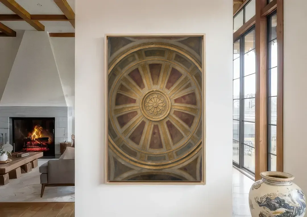 Theater Room Wall Decor with Gilded Dome Rosette canvas wall art in a living room with a fireplace