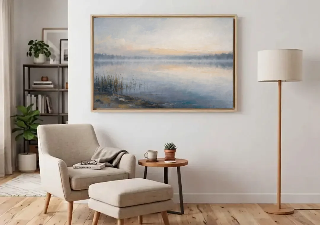 Therapist Office Wall Art of Reeds at Dawn canvas wall art above an armchair in a bright living room
