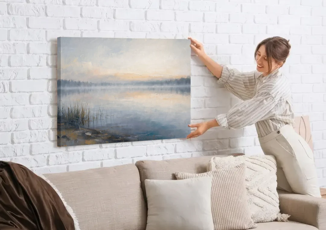 Therapist Office Wall Art of Reeds at Dawn canvas wall art being hung on a white brick wall above a sofa
