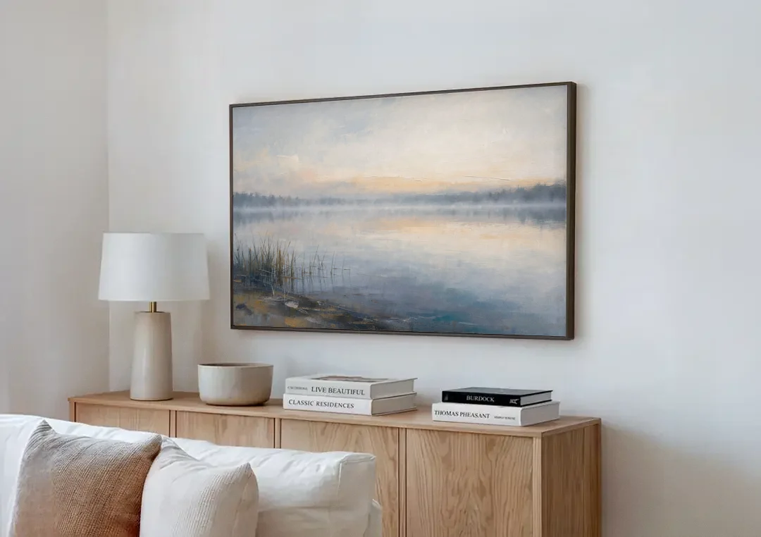 Therapist Office Wall Art of Reeds at Dawn canvas wall art above a wooden sideboard next to a sofa