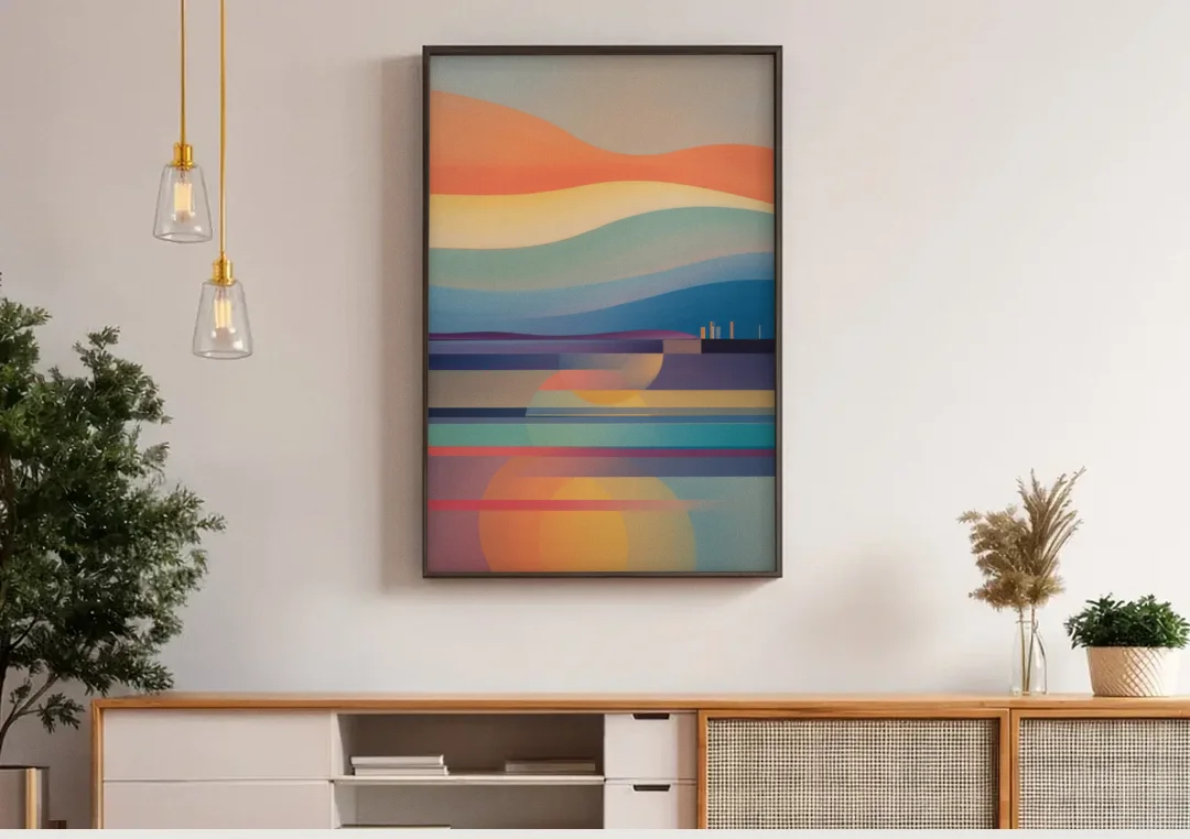 Thermaic Gulf Sunset canvas wall art above a wooden sideboard under pendant lights