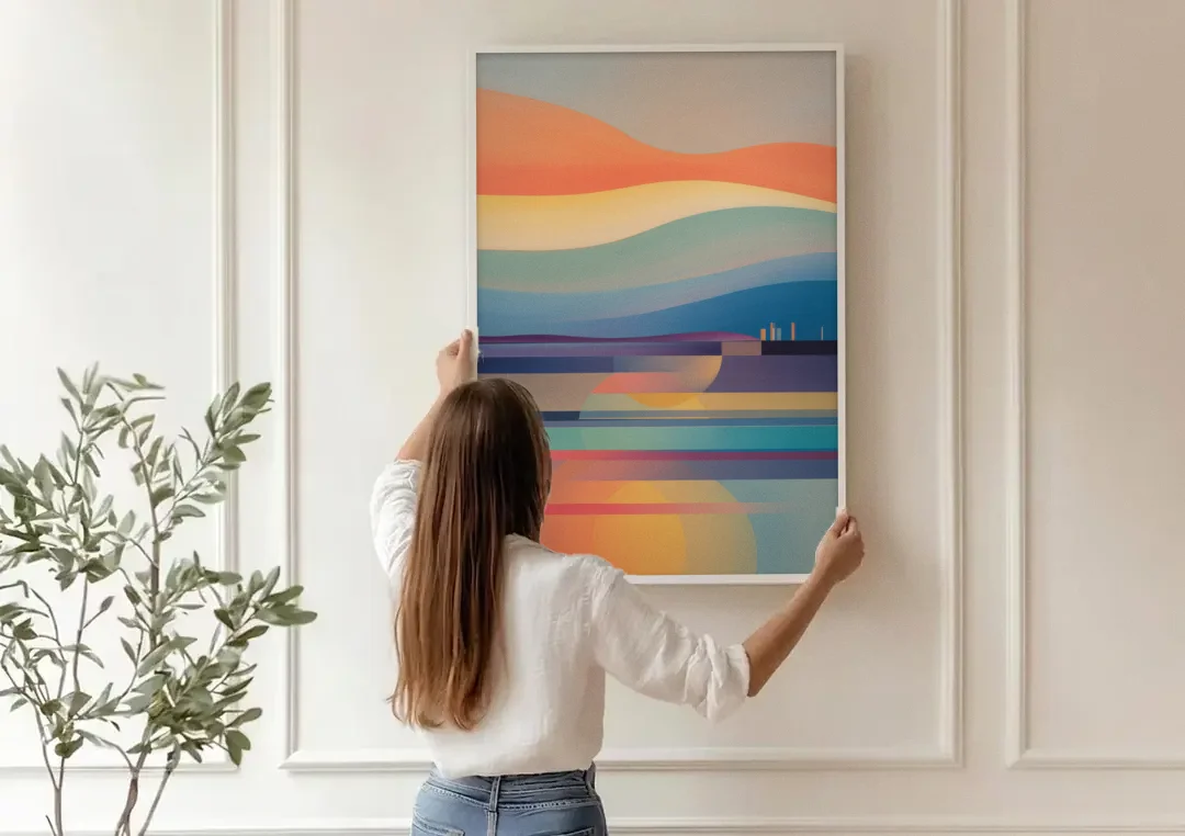 Thermaic Gulf Sunset canvas wall art being hung on a paneled wall