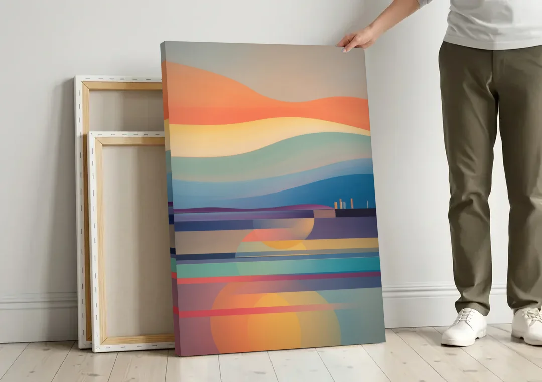 Thermaic Gulf Sunset canvas wall art leaning against a wall next to blank canvases