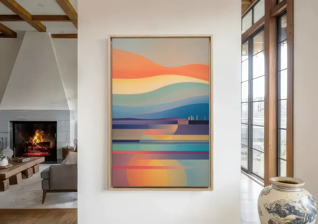 Thermaic Gulf Sunset canvas wall art in a living room with a fireplace