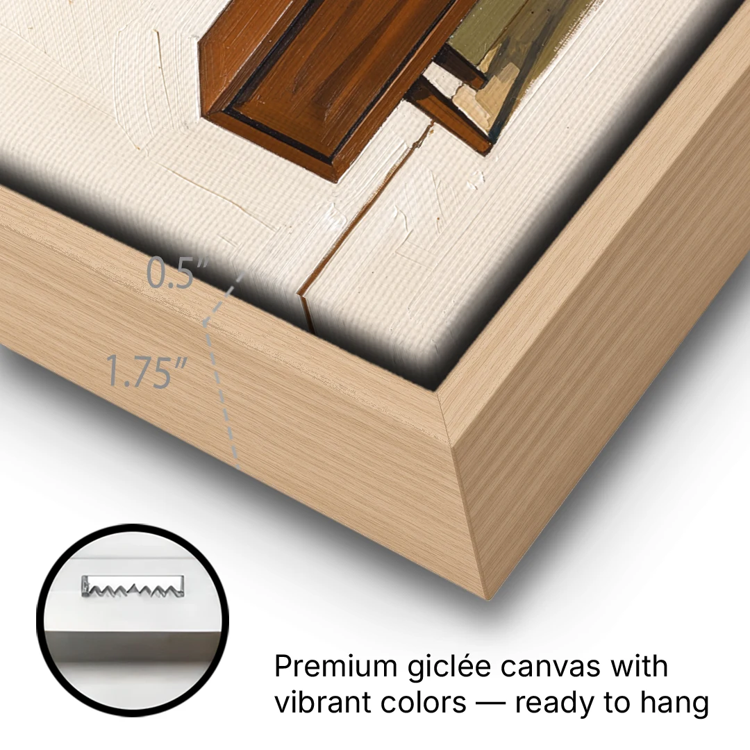 Three Ceramic Vases on a Walnut Sideboard - Oak Framed Canvas Wall Art - Gallery Wrap Corner