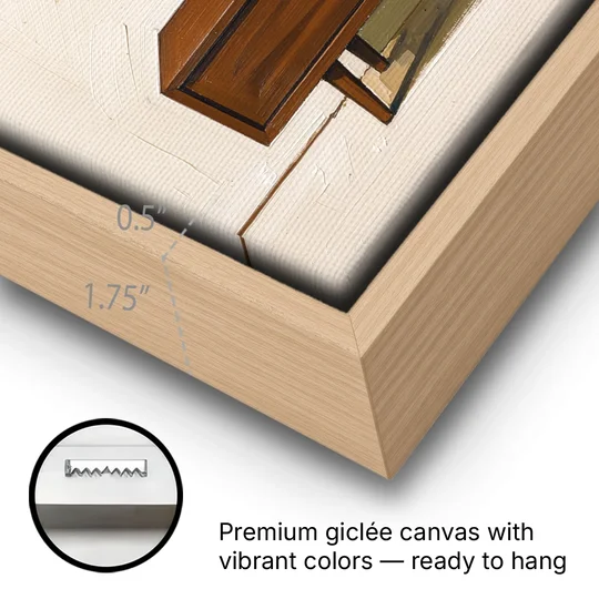 Three Ceramic Vases on a Walnut Sideboard - Oak Framed Canvas Wall Art - Gallery Wrap Corner