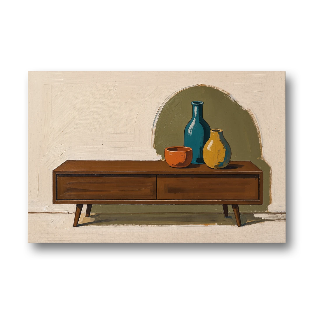 Three Ceramic Vases on a Walnut Sideboard - Canvas Wall Art - Front
