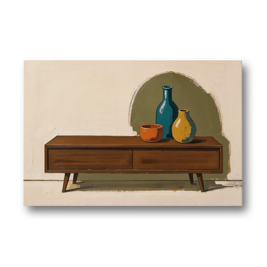 Three Ceramic Vases on a Walnut Sideboard - Canvas Wall Art - Front
