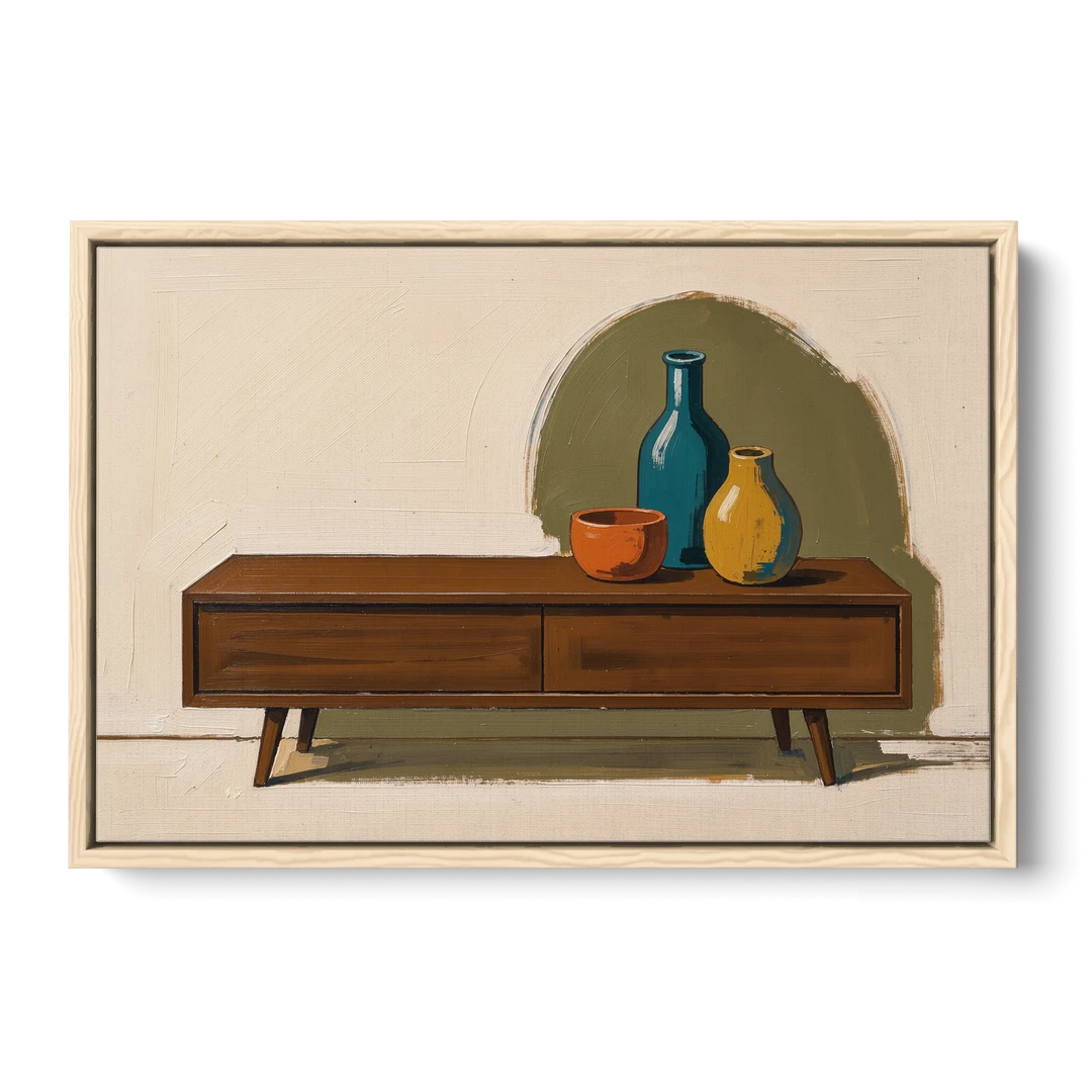 Three Ceramic Vases on a Walnut Sideboard - Oak Framed Canvas Wall Art - Front