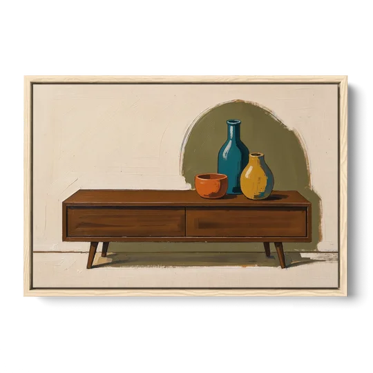 Three Ceramic Vases on a Walnut Sideboard - Oak Framed Canvas Wall Art - Front