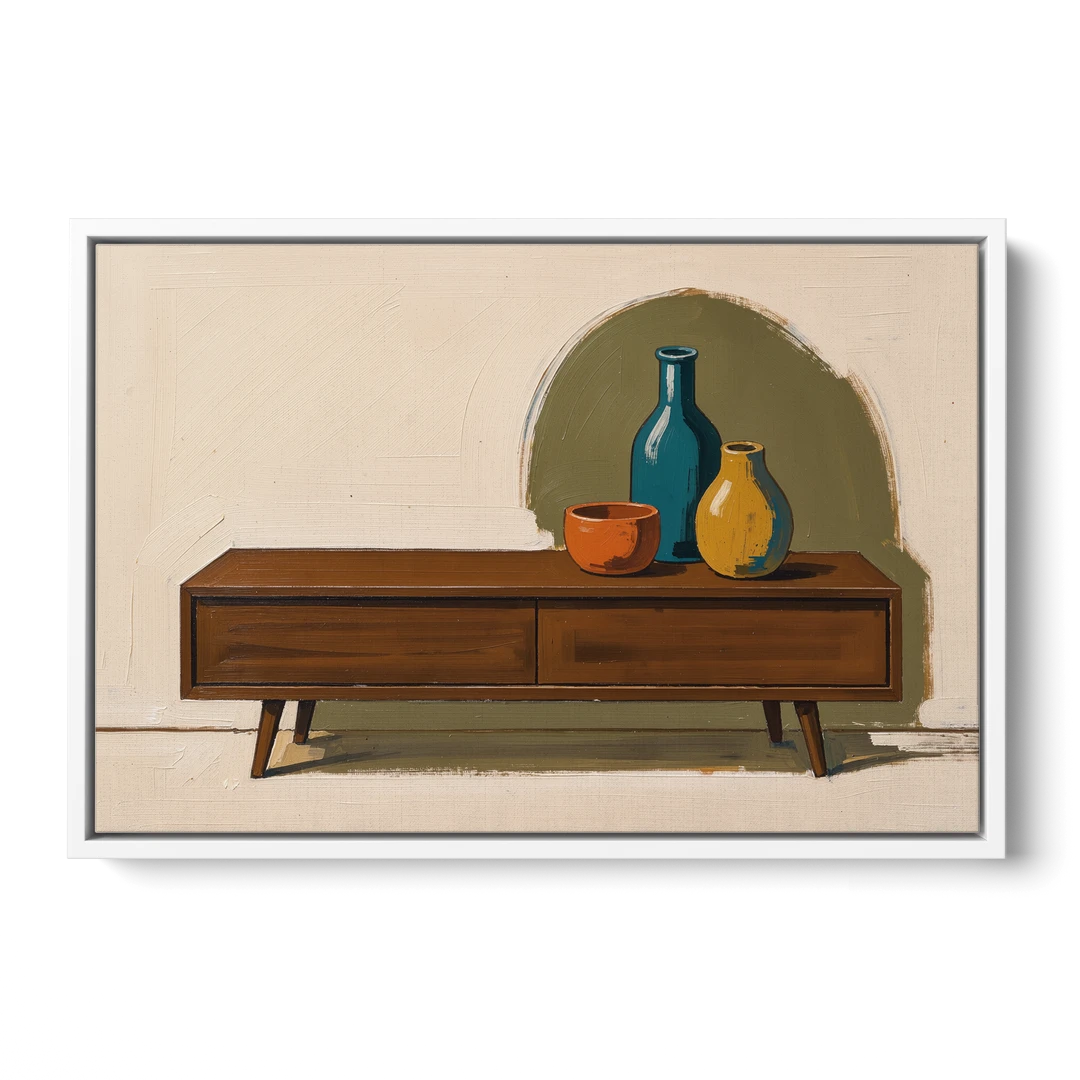 Three Ceramic Vases on a Walnut Sideboard - White Framed Canvas Wall Art - Front