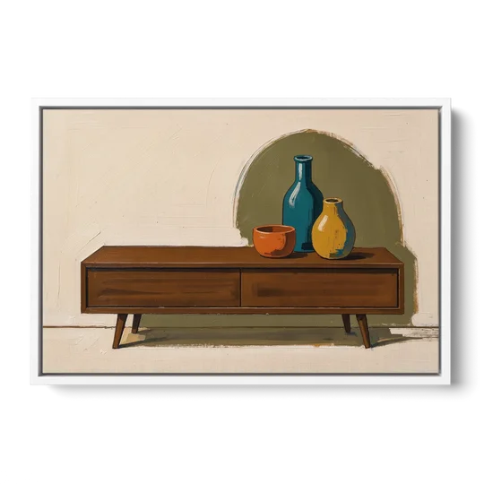 Three Ceramic Vases on a Walnut Sideboard - White Framed Canvas Wall Art - Front