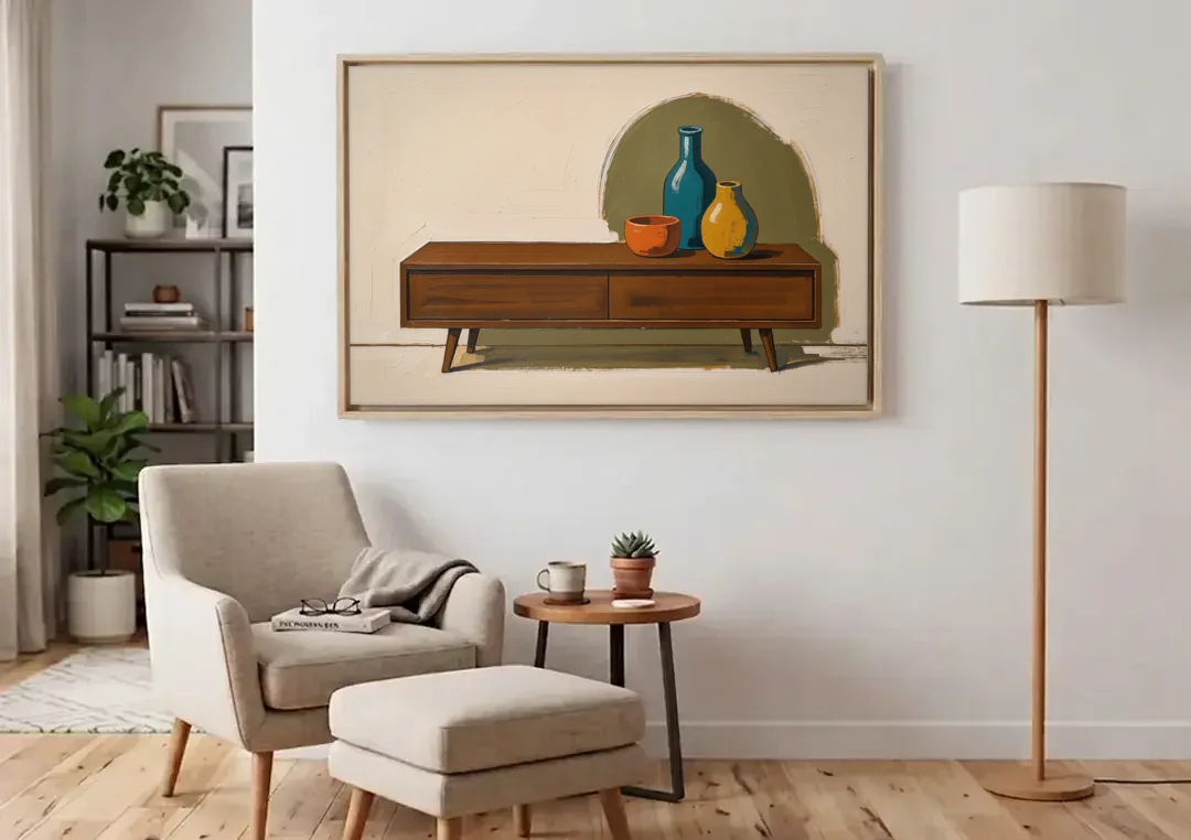 Three Ceramic Vases on a Walnut Sideboard canvas wall art above an armchair in a bright living room