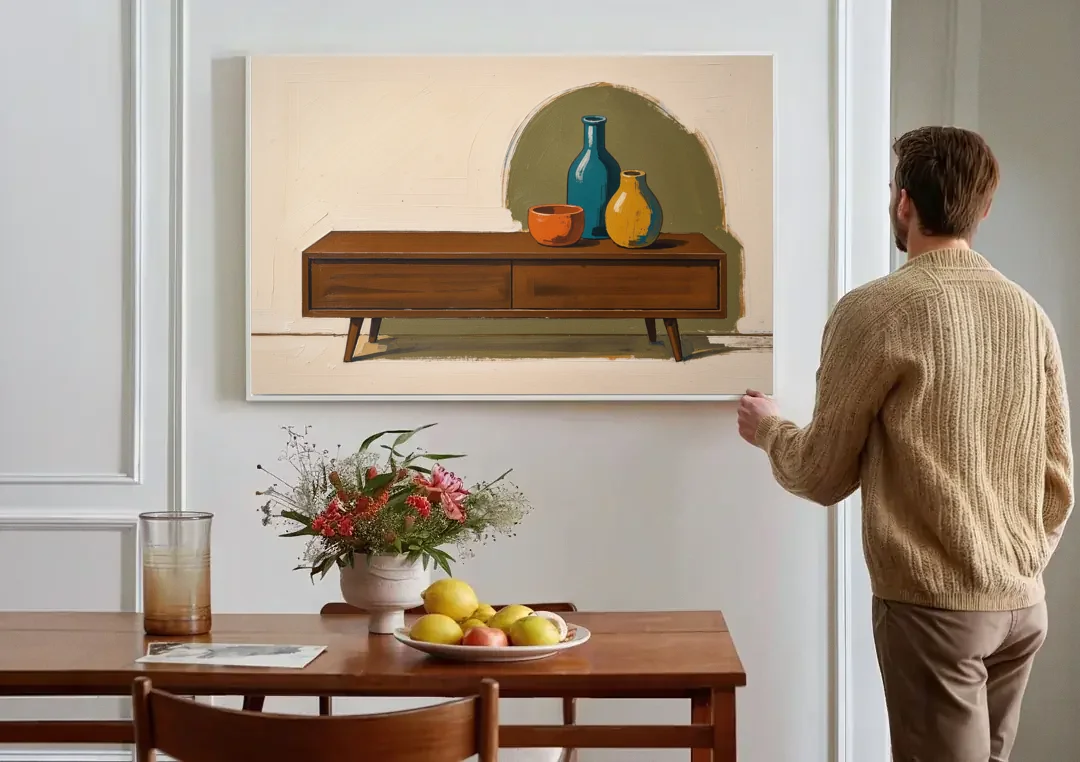 Three Ceramic Vases on a Walnut Sideboard canvas wall art above a dining table