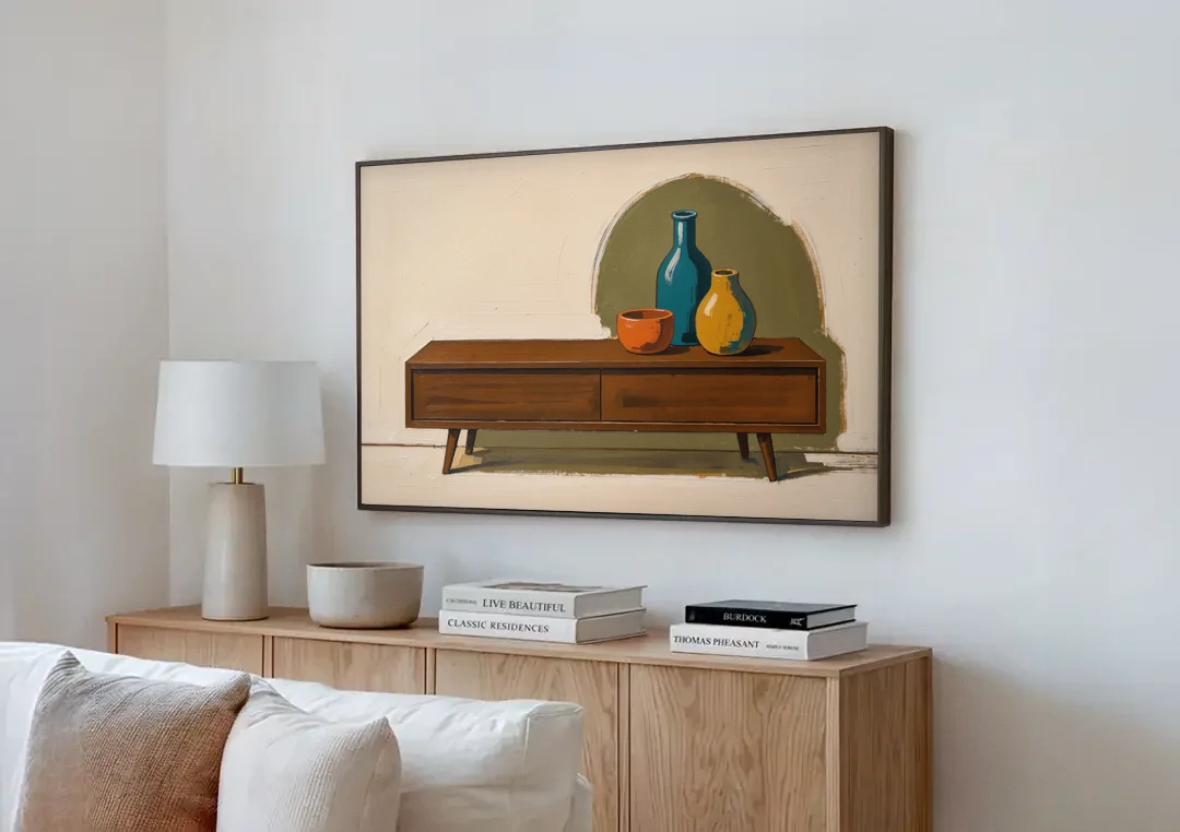 Three Ceramic Vases on a Walnut Sideboard canvas wall art above a wooden sideboard next to a sofa