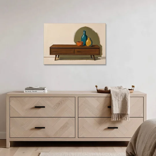 Three Ceramic Vases on a Walnut Sideboard - Canvas Wall Art - Coffee Table - 36x24