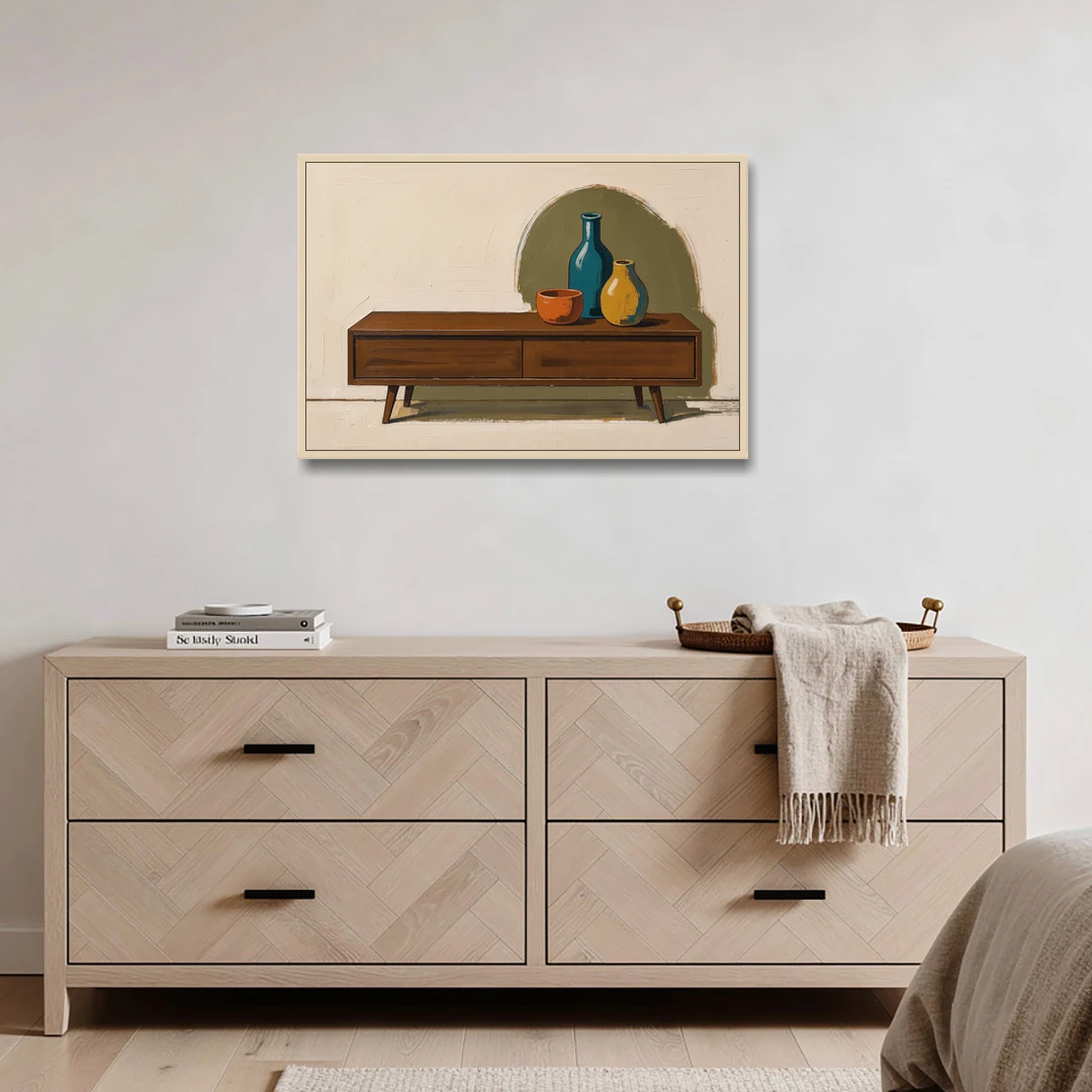 Three Ceramic Vases on a Walnut Sideboard - Oak Framed Canvas Wall Art - Coffee Table - 36x24