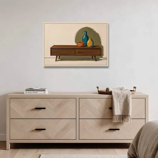 Three Ceramic Vases on a Walnut Sideboard - Oak Framed Canvas Wall Art - Coffee Table - 36x24