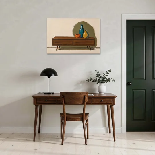 Three Ceramic Vases on a Walnut Sideboard - Canvas Wall Art - Office - 36x24