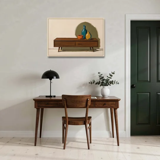 Three Ceramic Vases on a Walnut Sideboard - Oak Framed Canvas Wall Art - Office - 36x24