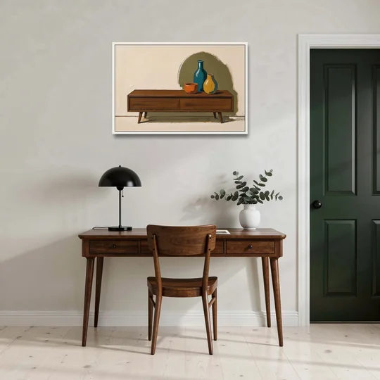 Three Ceramic Vases on a Walnut Sideboard - White Framed Canvas Wall Art - Office - 36x24
