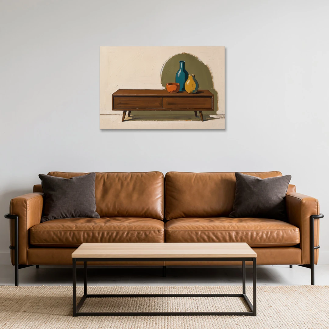 Three Ceramic Vases on a Walnut Sideboard - Canvas Wall Art - Sofa - 36x24