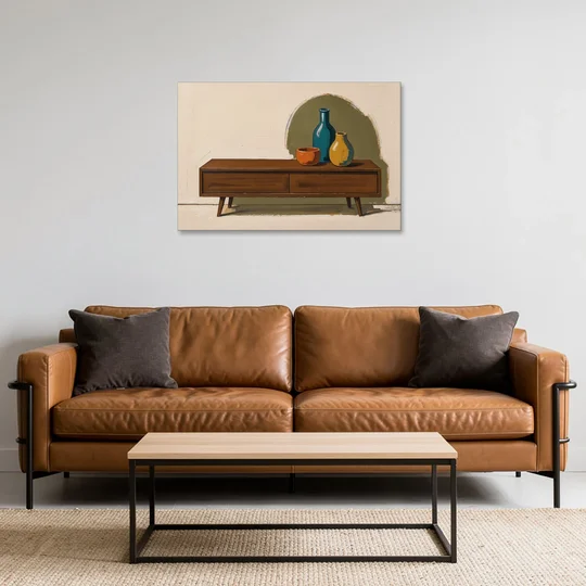 Three Ceramic Vases on a Walnut Sideboard - Canvas Wall Art - Sofa - 36x24