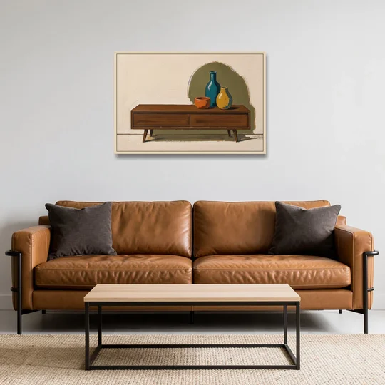 Three Ceramic Vases on a Walnut Sideboard - Oak Framed Canvas Wall Art - Sofa - 36x24