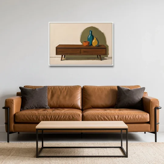 Three Ceramic Vases on a Walnut Sideboard - White Framed Canvas Wall Art - Sofa - 36x24