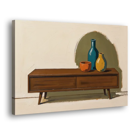 Three Ceramic Vases on a Walnut Sideboard - Canvas Wall Art - Side