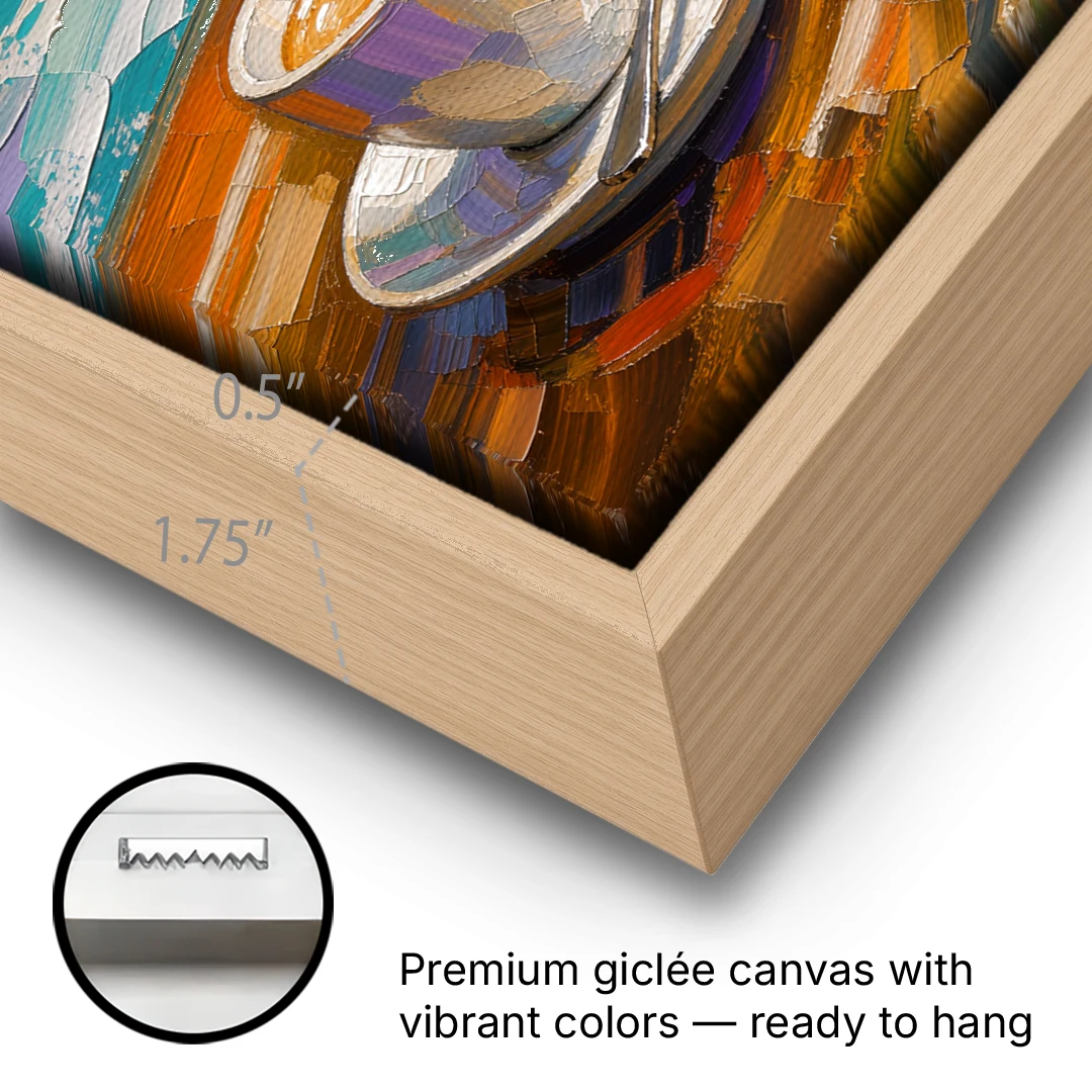 Three Espresso Cups on the Bar for a Coffee Bar - Oak Framed Canvas Wall Art - Gallery Wrap Corner