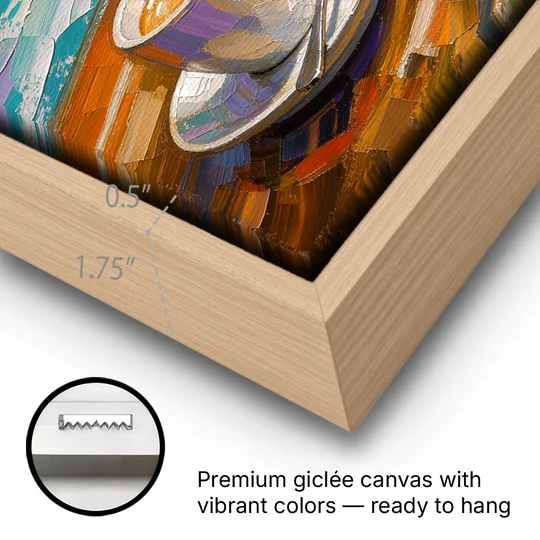 Three Espresso Cups on the Bar for a Coffee Bar - Oak Framed Canvas Wall Art - Gallery Wrap Corner