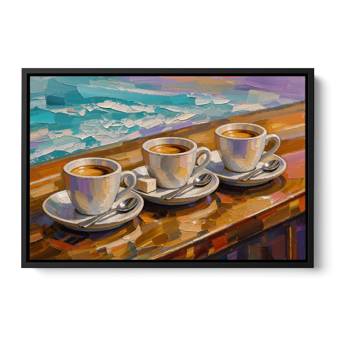 Three Espresso Cups on the Bar for a Coffee Bar - Black Framed Canvas Wall Art - Front